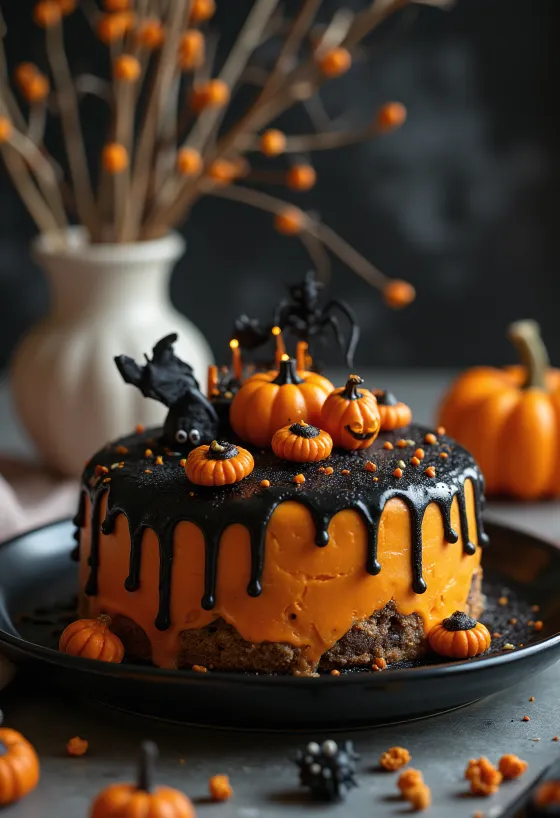 Torta di Halloween con pasta di zucchero arancione e decorazioni nere