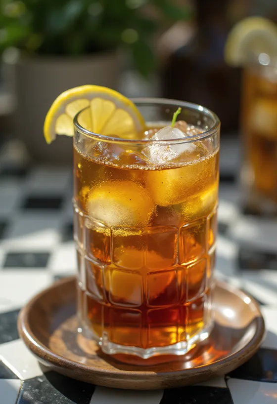 Tè freddo alla menta con fette di lime e foglie di menta in un bicchiere