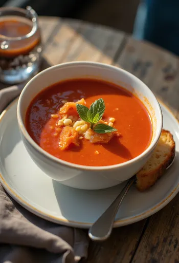 Zuppa di pomodoro servita con basilico profumato e crostini di pane