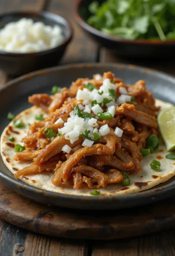 Pork carnitas servite in tortillas calde