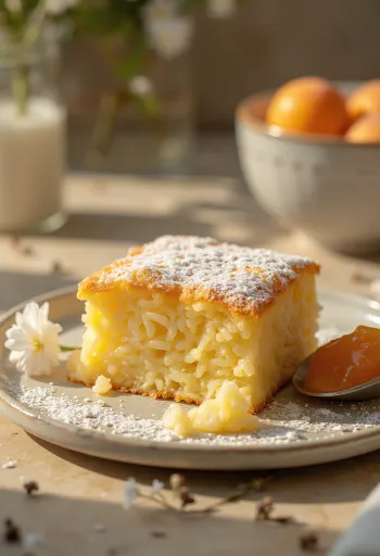 Soufflé di riso cotto dorato, spolverato di zucchero a velo e servito con confettura di frutta