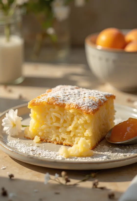 Soufflé di riso cotto dorato, spolverato di zucchero a velo e servito con confettura di frutta