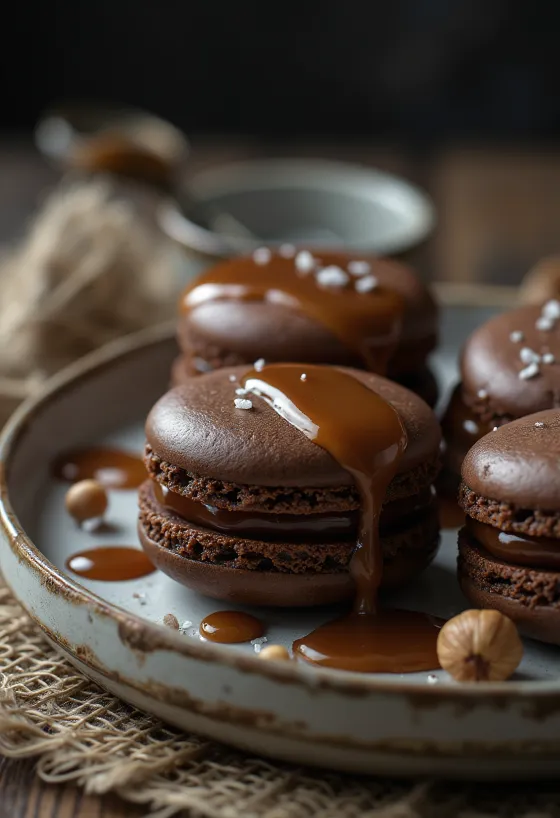 Macaron al caramello salato e crema di nocciole serviti