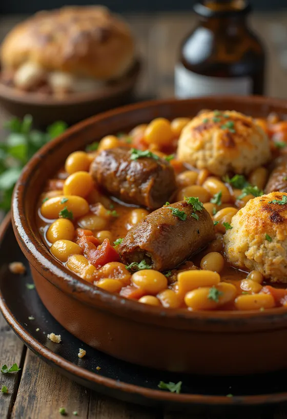Cassoulet con agnello, piatto unico con fagioli e salsiccia