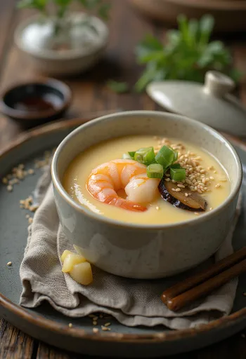 Chawanmushi con gamberi, zuppa all'uovo servita con gamberi e cipollotto