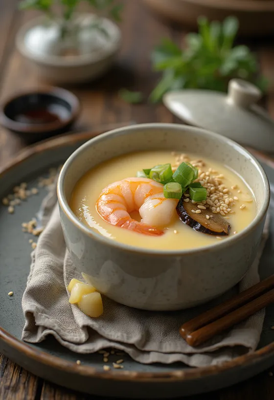 Chawanmushi con gamberi, zuppa all'uovo servita con gamberi e cipollotto