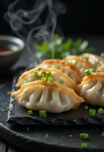 Crab Gyoza servito con ripieno di granchio e salsa di soia