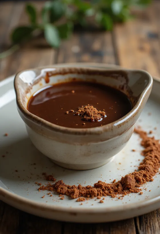 Salsa dolce al cioccolato e peperoncino servita