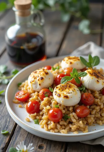 Insalata di farro con pomodorini arrosto e mozzarella, cosparsa di basilico fresco