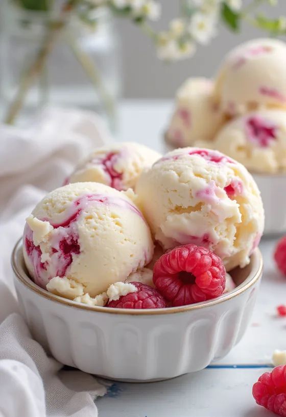 Gelato al Cioccolato Bianco e Lamponi servito