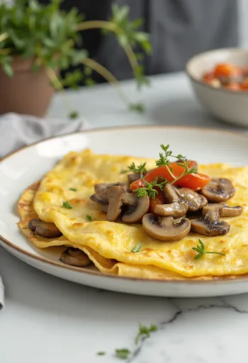 Omelette ai funghi e peperoni, servita come una deliziosa omelette dorata