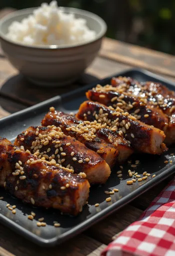 Kalbi Galbi, manzo grigliato coreano con semi di sesamo e frutta fresca