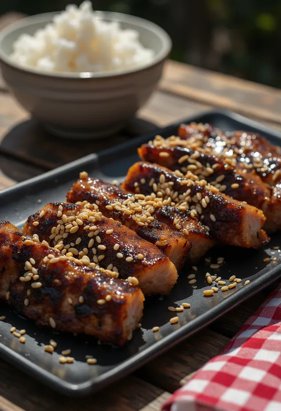 Kalbi Galbi, manzo grigliato coreano con semi di sesamo e frutta fresca
