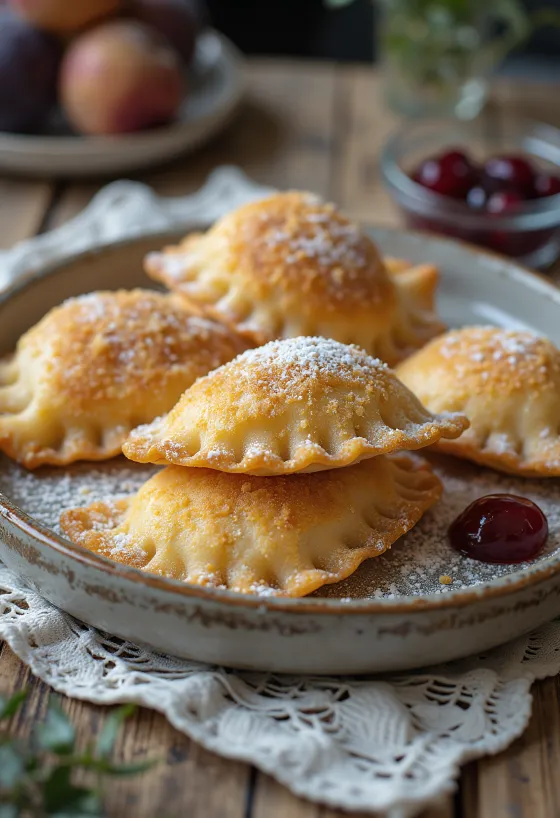 Derelye alla marmellata di prugne appena cotti, spolverati con pangrattato tostato.