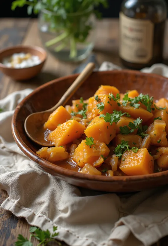 Tajine classico di patate dolci, servito con ricche spezie e coriandolo fresco