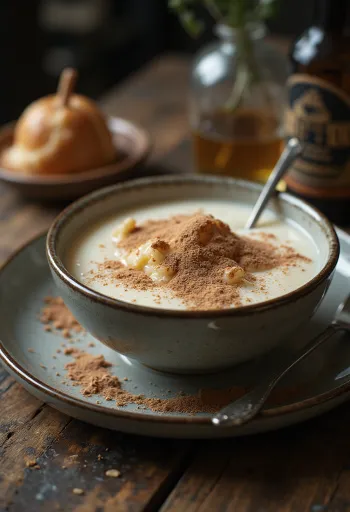 Semolino cremoso cosparso di cacao, servito con frutta fresca.