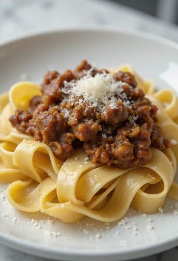 Pappardelle al ragù di cinghiale servite in un piatto rustico